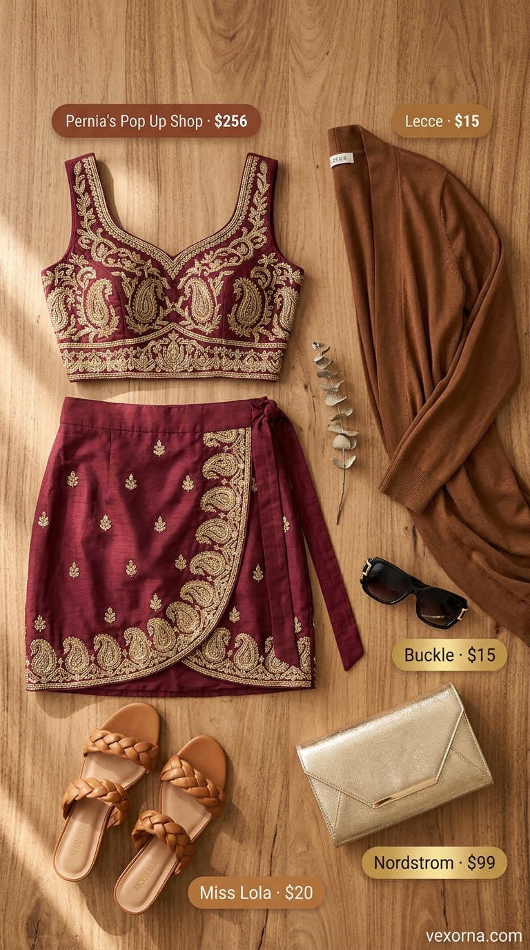 Layered boho summer outfits for women 2026: Paisley co-ord set, knit cardigan, heeled mules, sunglasses.