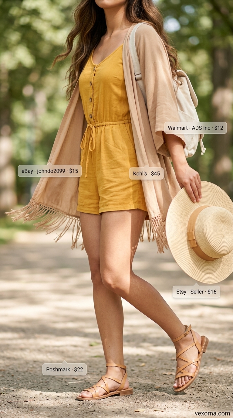 Layered boho summer outfits for women 2026: Mustard romper, fringe kimono, straw hat & gladiator sandals.