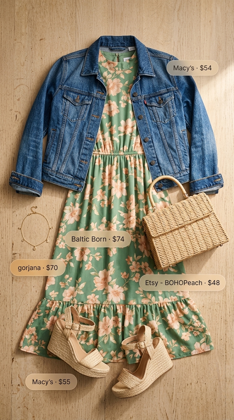 Layered boho summer outfits for women 2026: Peach floral midi dress, denim jacket, straw bag & wedge sandals.