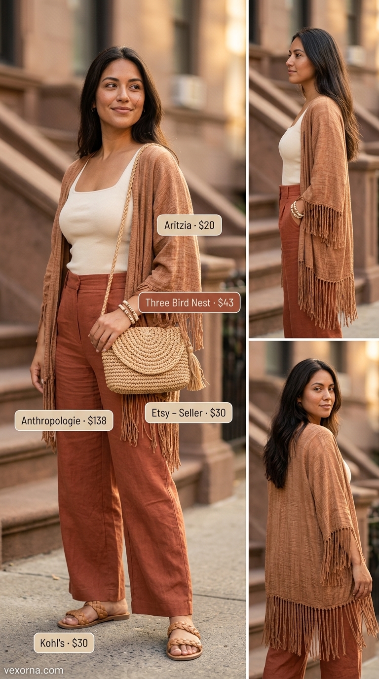 Layered boho summer outfits for women 2026: Terracotta pants, knit tank, open-knit cardigan, straw bag.