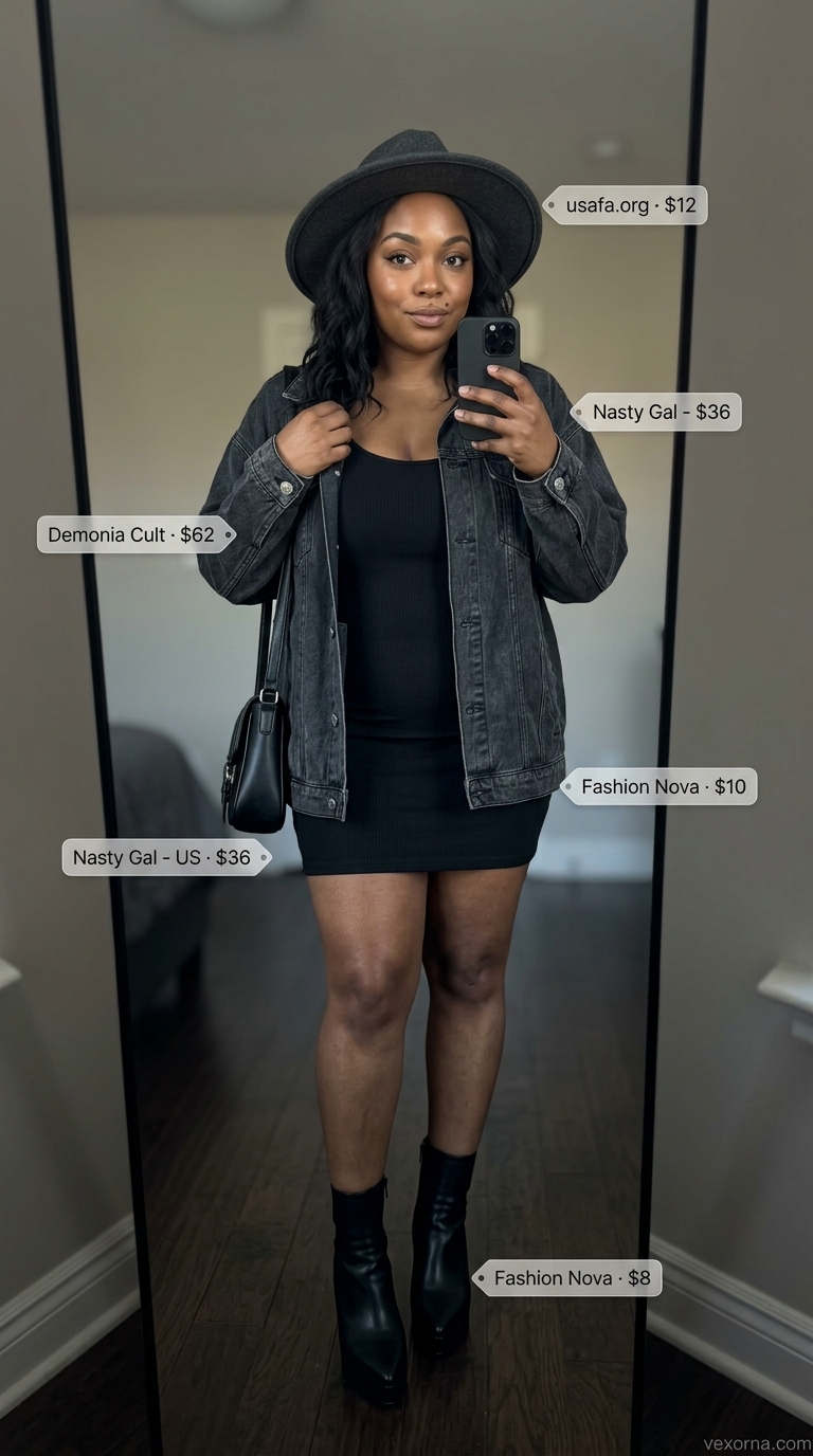 Black mini dress, distressed denim jacket, ankle boots for layered boho summer outfits for women 2026.