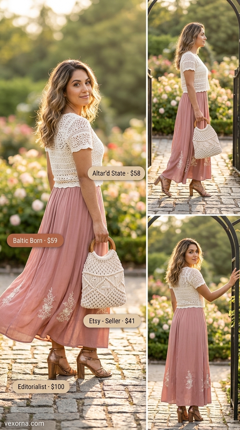Dusty rose tiered skirt, crochet top, and bronze sandals for layered boho summer outfits for women 2026.