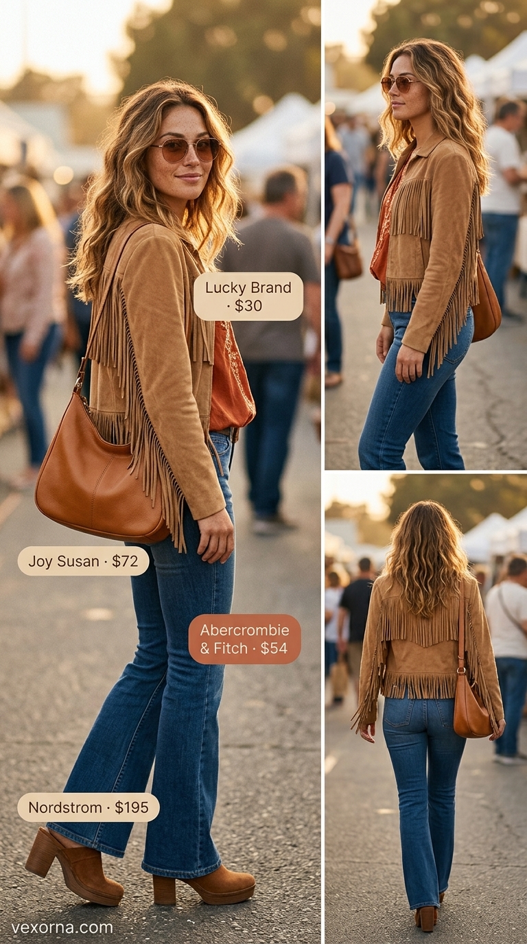 Flare jeans, peasant blouse, suede fringe jacket for layered boho summer outfits for women 2026.