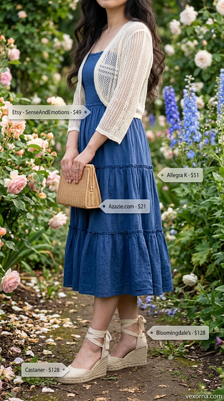 Indigo midi dress, cream bolero, and espadrilles for layered boho summer outfits for women 2026.
