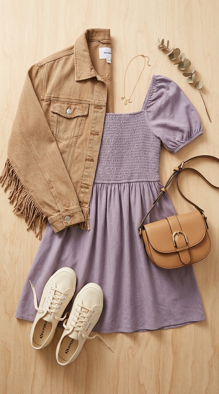 Lavender mini dress, cropped denim jacket, and tan saddle bag for layered boho summer outfits for women 2026.