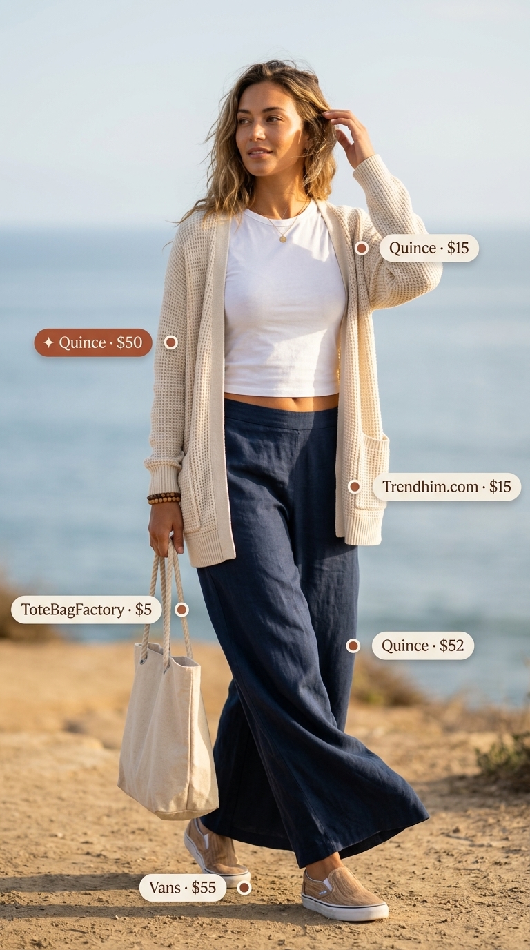 Linen trousers, white tee, knit cardigan for layered boho summer outfits for women 2026.