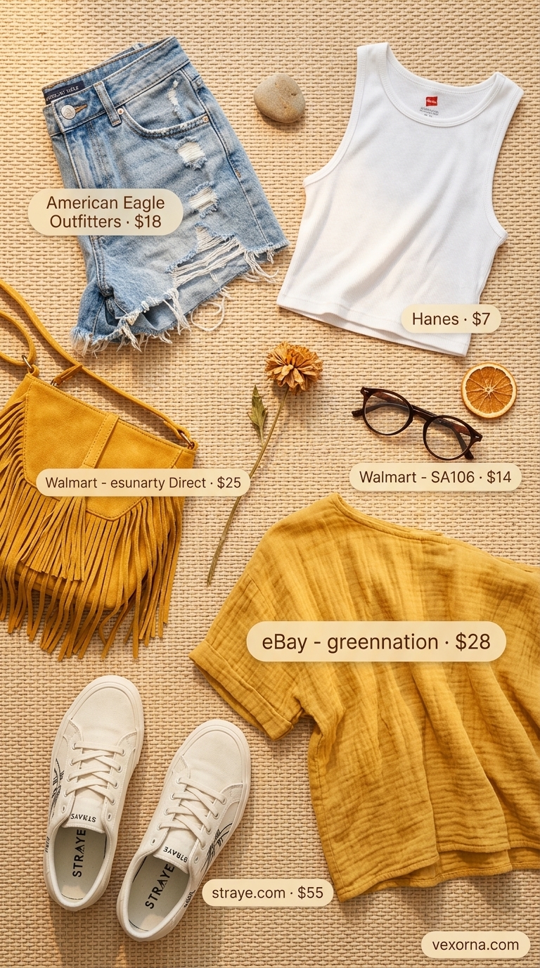 Marigold gauze shirt over white crop top, denim shorts for layered boho summer outfits for women 2026.
