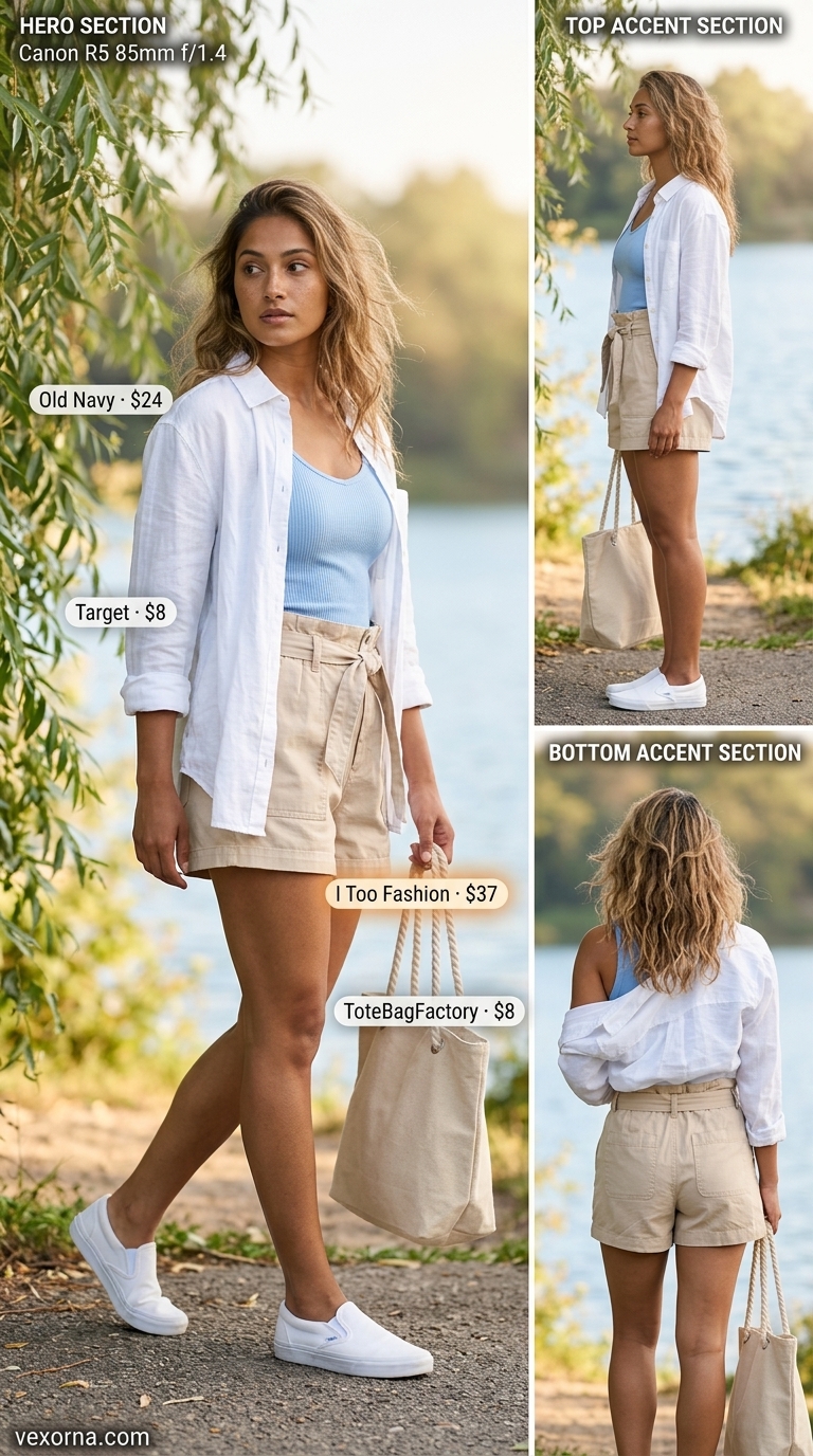 Sky blue linen shorts, white shirt, ribbed tank for layered boho summer outfits for women 2026.