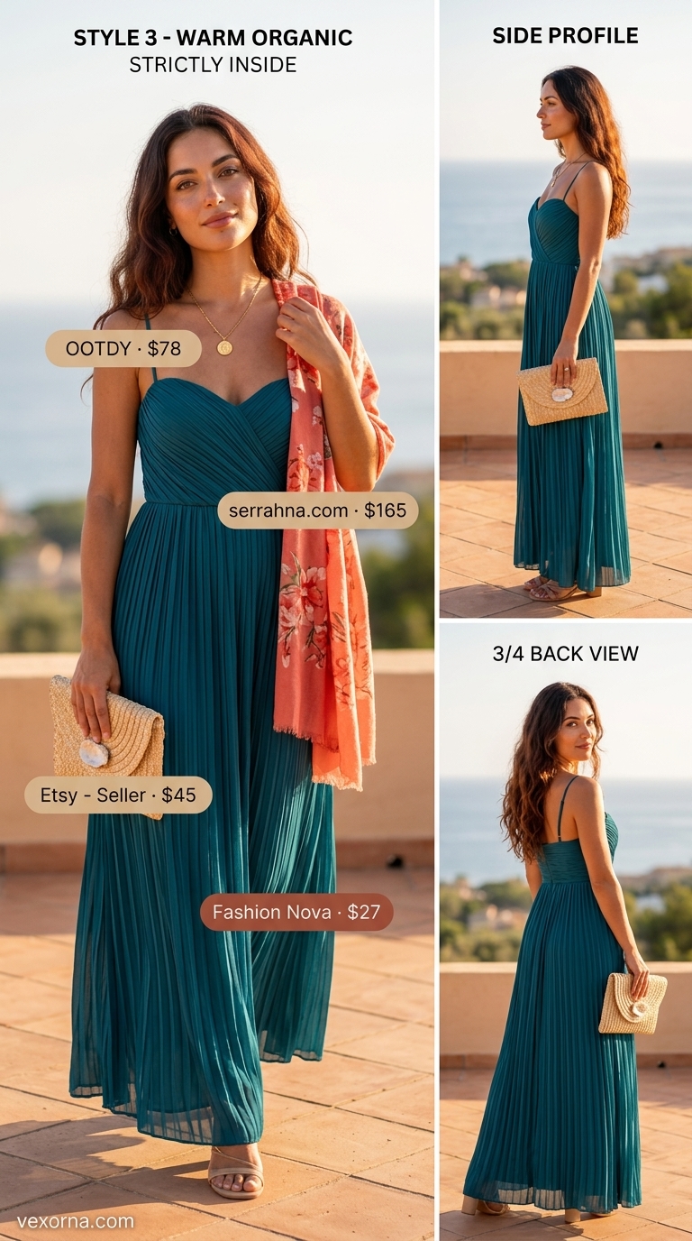 Teal tiered maxi dress, coral pashmina, gold sandals & necklaces for layered boho summer outfits for women 2026.