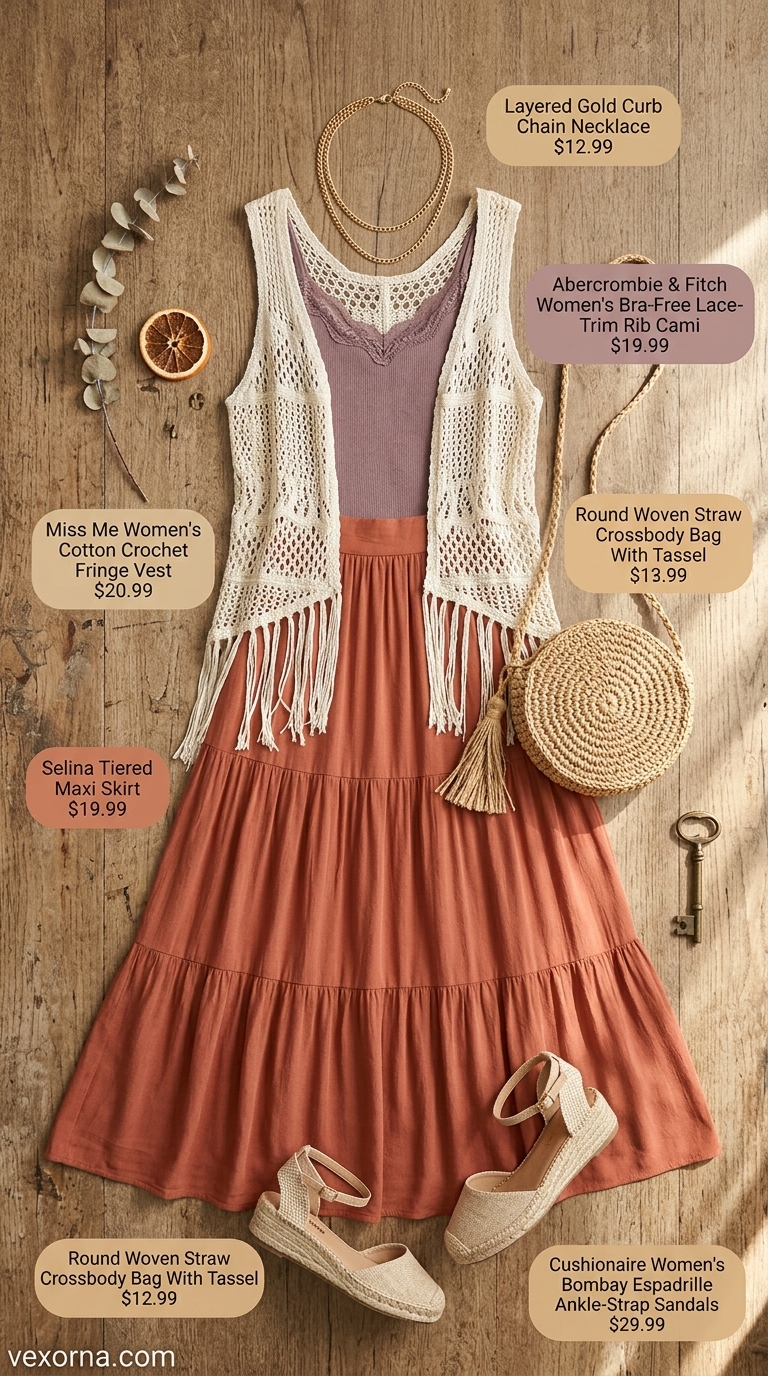 Terracotta tiered skirt, crochet vest, and espadrilles for layered boho summer outfits for women 2026.