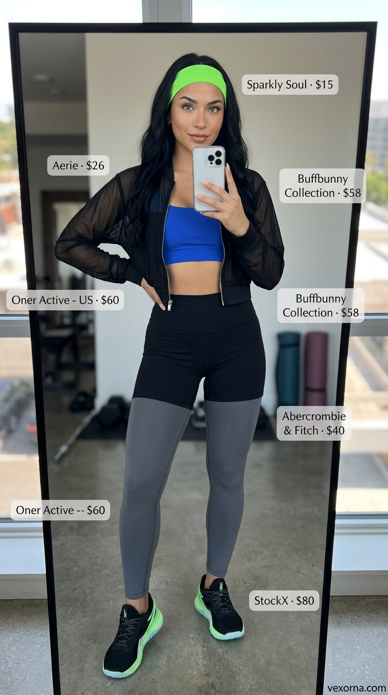 Lightweight Summer Activewear 2026: Gym Power Lightweight summer activewear for women 2026: Cobalt blue & neon green high-impact set for CrossFit & gym training.