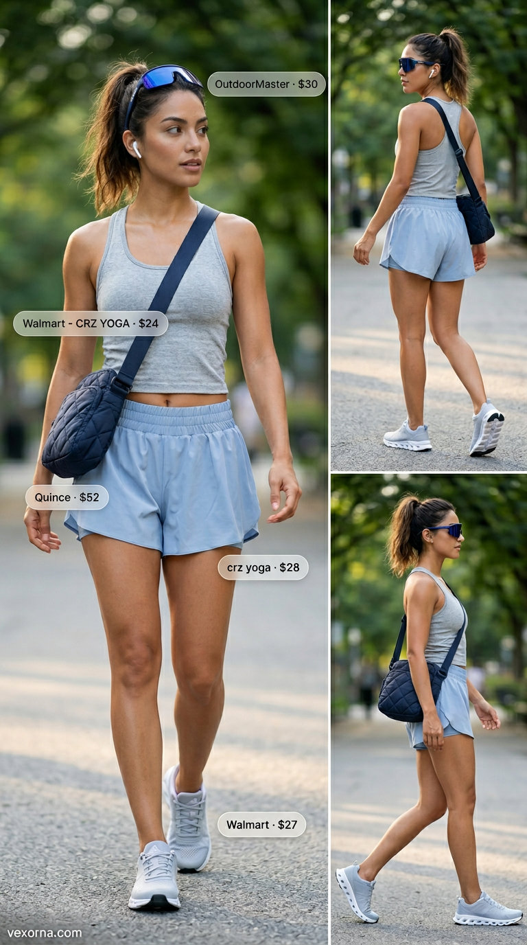 Lightweight Summer Activewear 2026: Park Power Lightweight summer activewear for women 2026: Sky blue shorts & grey tank for park power walks & outdoor training.