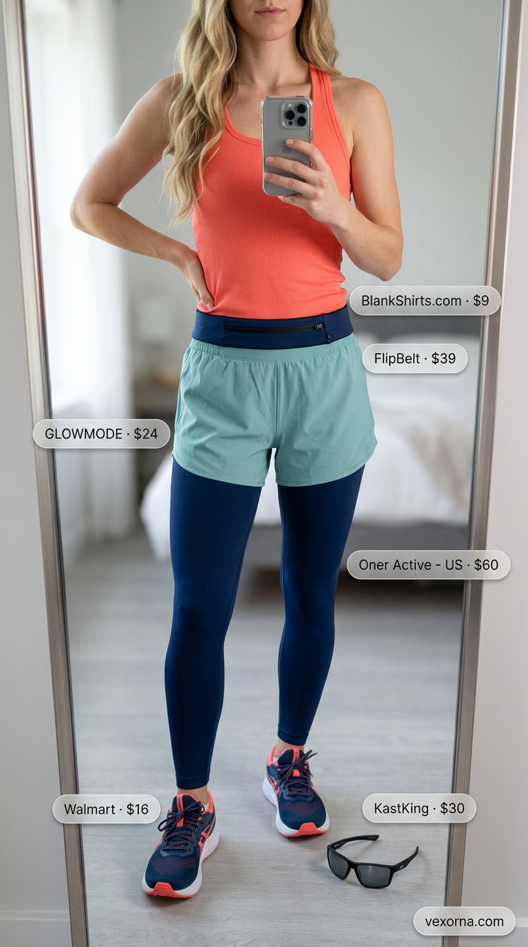 Lightweight Summer Activewear 2026: Coastal Cardio Style Lightweight summer activewear for women 2026: Aqua teal running shorts, coral tank, navy shoes for beach run.