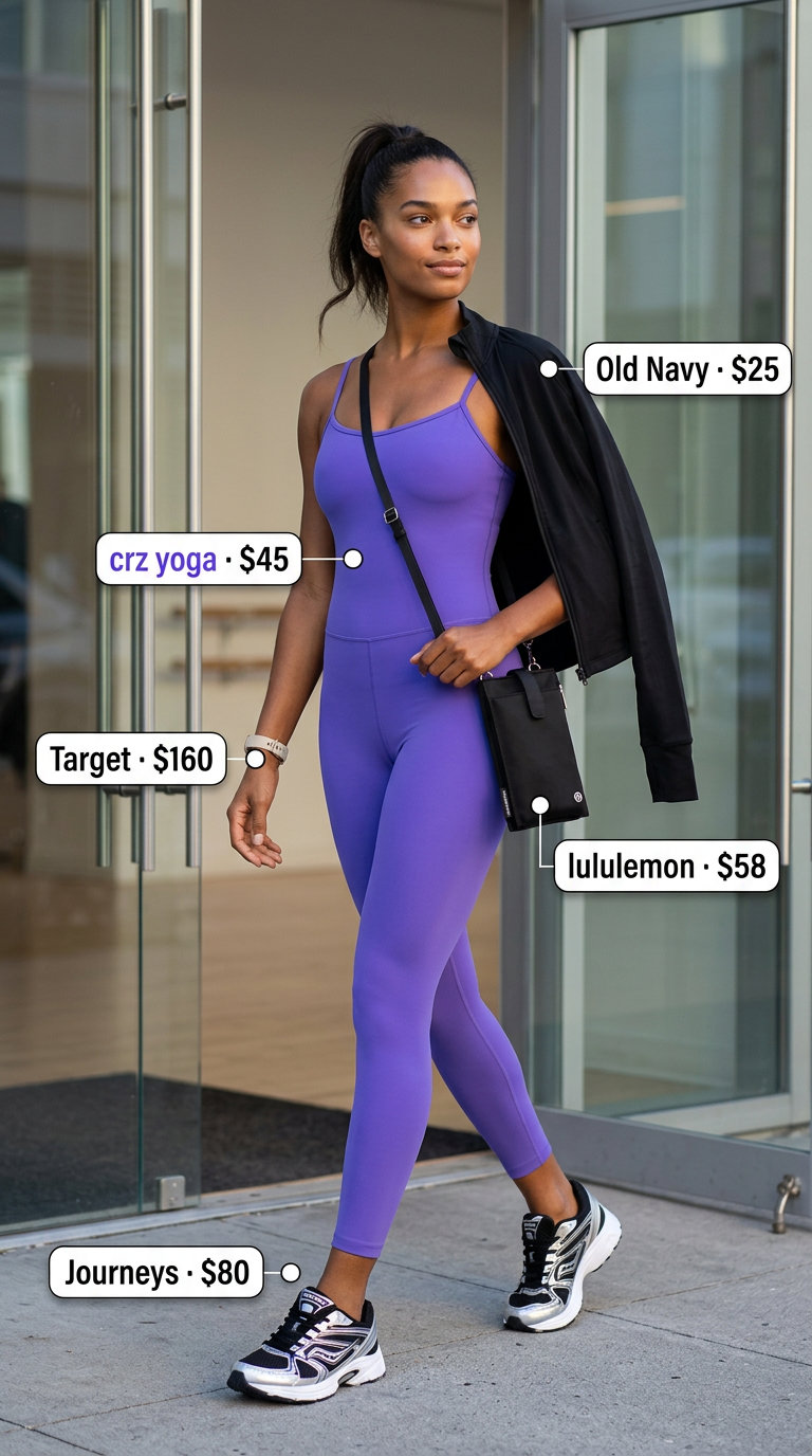 Lightweight Summer Activewear 2026: Dance Unitard Lightweight summer activewear for women 2026: Electric purple unitard, black zip-up jacket, and minimalist sneakers for dance.