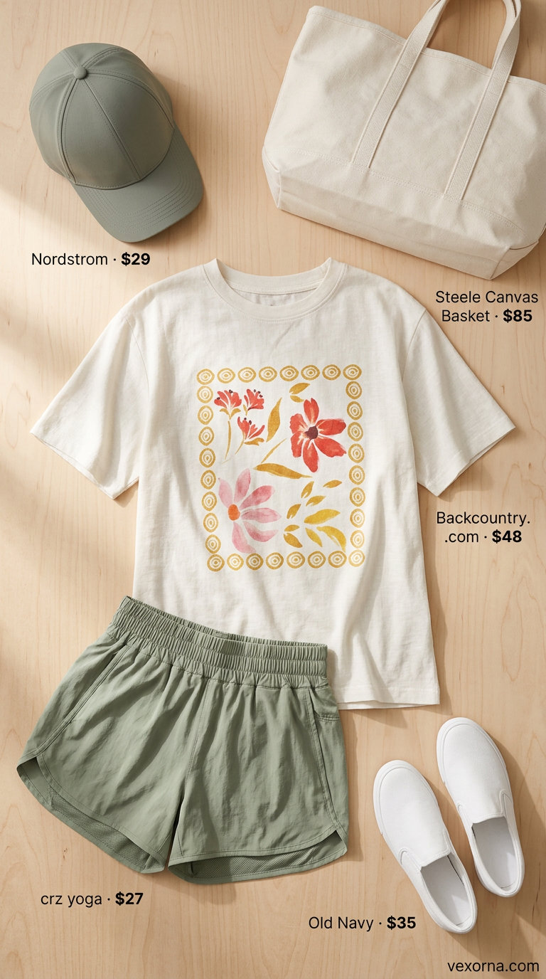 Lightweight Summer Activewear 2026: Garden Stroll Outfit Lightweight summer activewear for women 2026: Floral tee, sage green shorts, cap, and sneakers for a garden stroll.