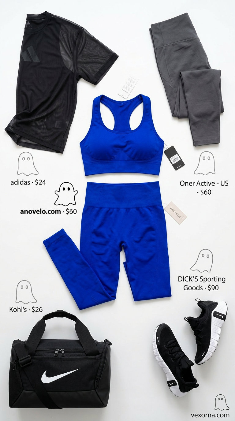 Lightweight Summer Activewear 2026: Gym Workout Set Lightweight summer activewear for women 2026: Cobalt blue matching set with black mesh top for gym.