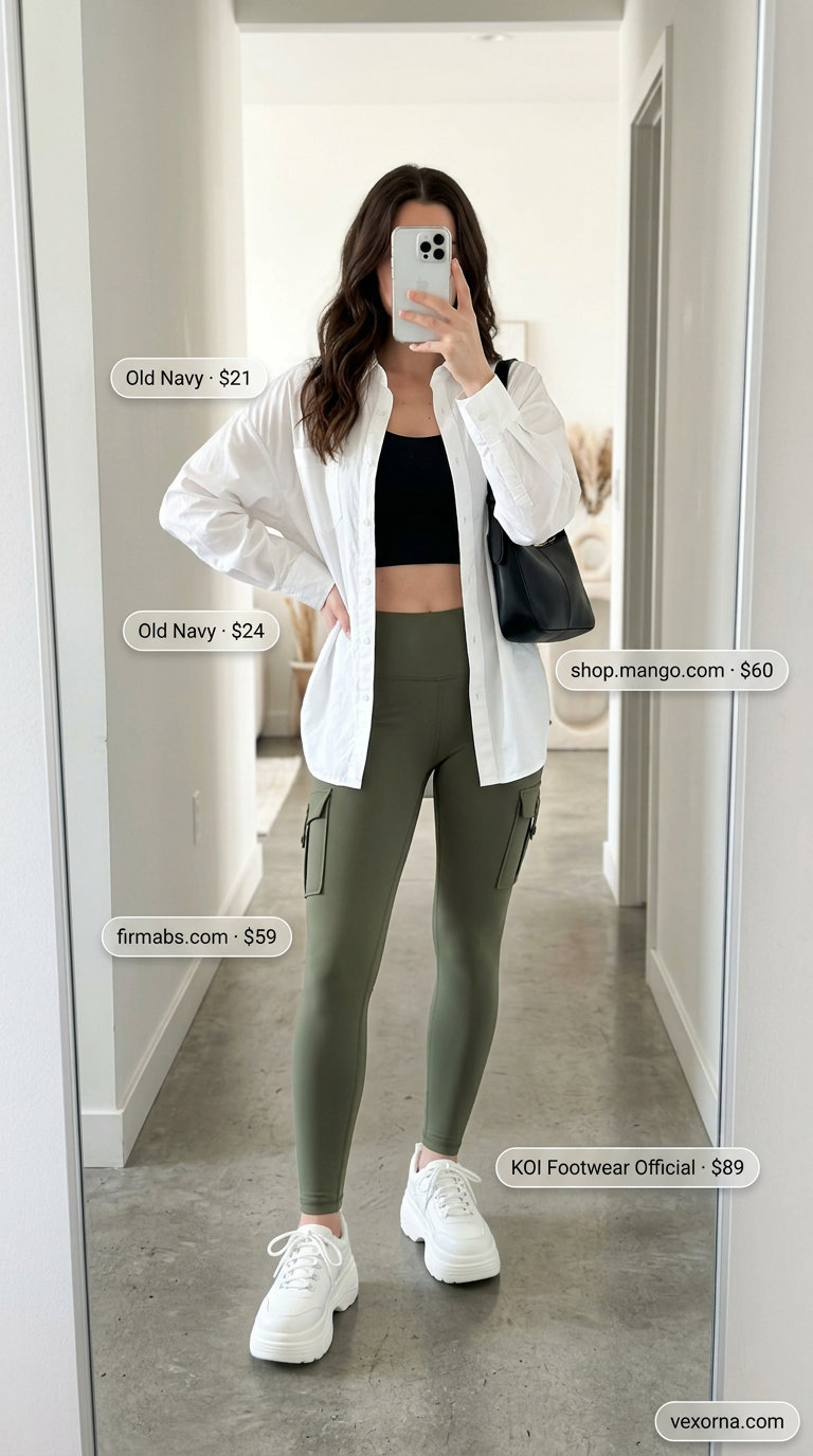 Lightweight Summer Activewear 2026: Gym-to-Brunch Chic Lightweight summer activewear for women 2026: Olive cargo leggings, black sports bra, white shirt for gym-to-brunch.