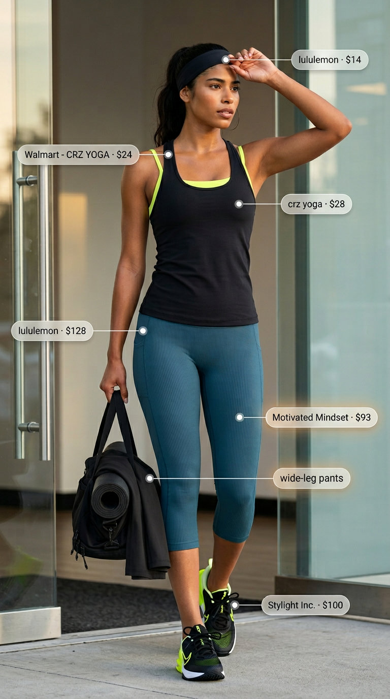 Lightweight Summer Activewear 2026: HIIT Leggings Lightweight summer activewear for women 2026: Deep teal capri leggings, black tank, and neon yellow sports bra for HIIT.