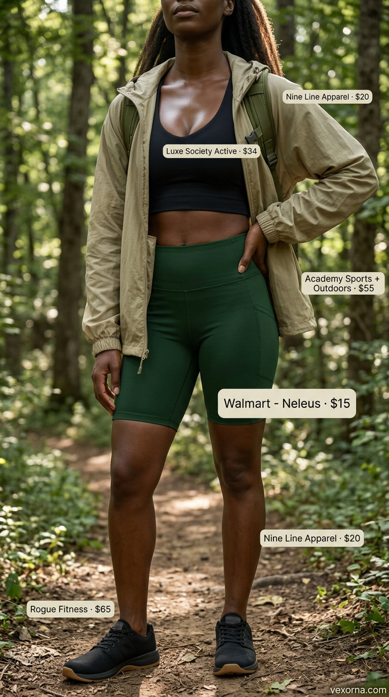 Lightweight Summer Activewear 2026: Hiking Outfit Lightweight summer activewear for women 2026: Forest green biker shorts, black sports bra, and khaki windbreaker for hiking.