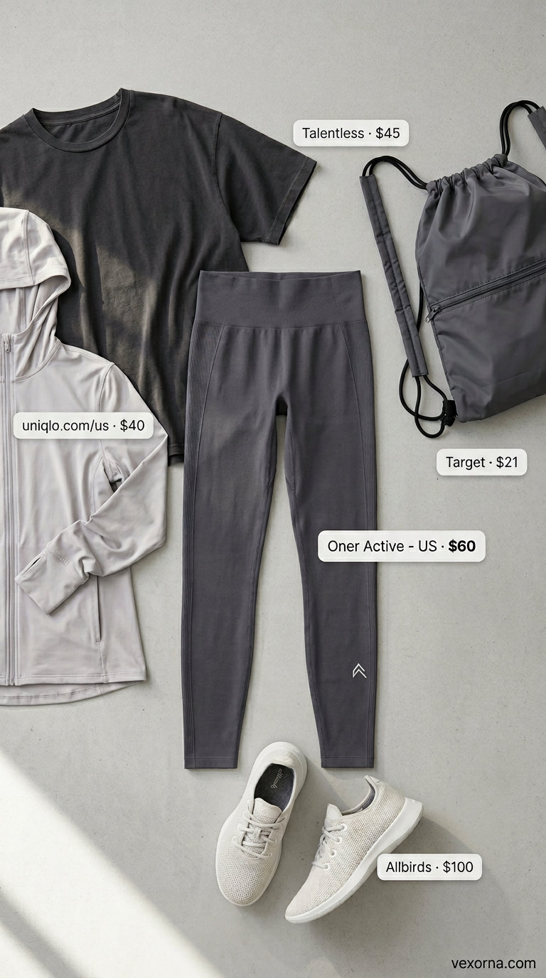 Lightweight Summer Activewear 2026: Jogger Set Lightweight summer activewear for women 2026: Soft peach joggers, cream t-shirt, and light grey zip-up hoodie for evening jogs.