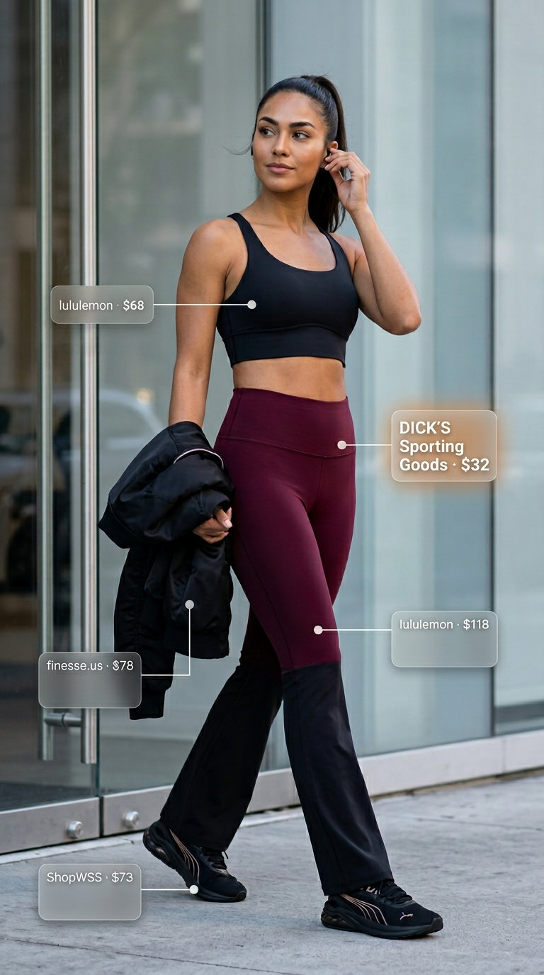 Lightweight Summer Activewear 2026: Pilates Leggings Lightweight summer activewear for women 2026: Burgundy leggings, black sports bra, and bomber jacket for Pilates.