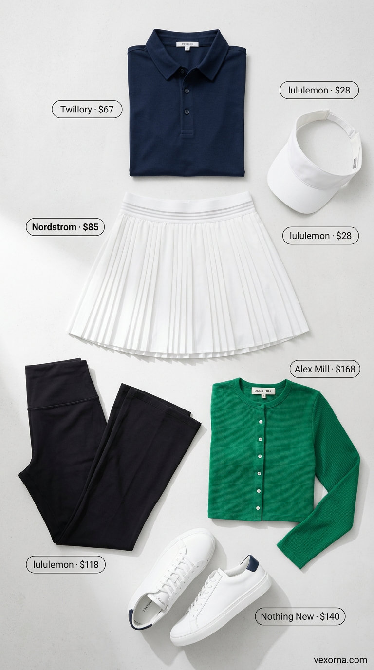 Lightweight Summer Activewear 2026: Tennis Court Chic Lightweight summer activewear for women 2026: White skort, navy polo, green cardigan for tennis court style.