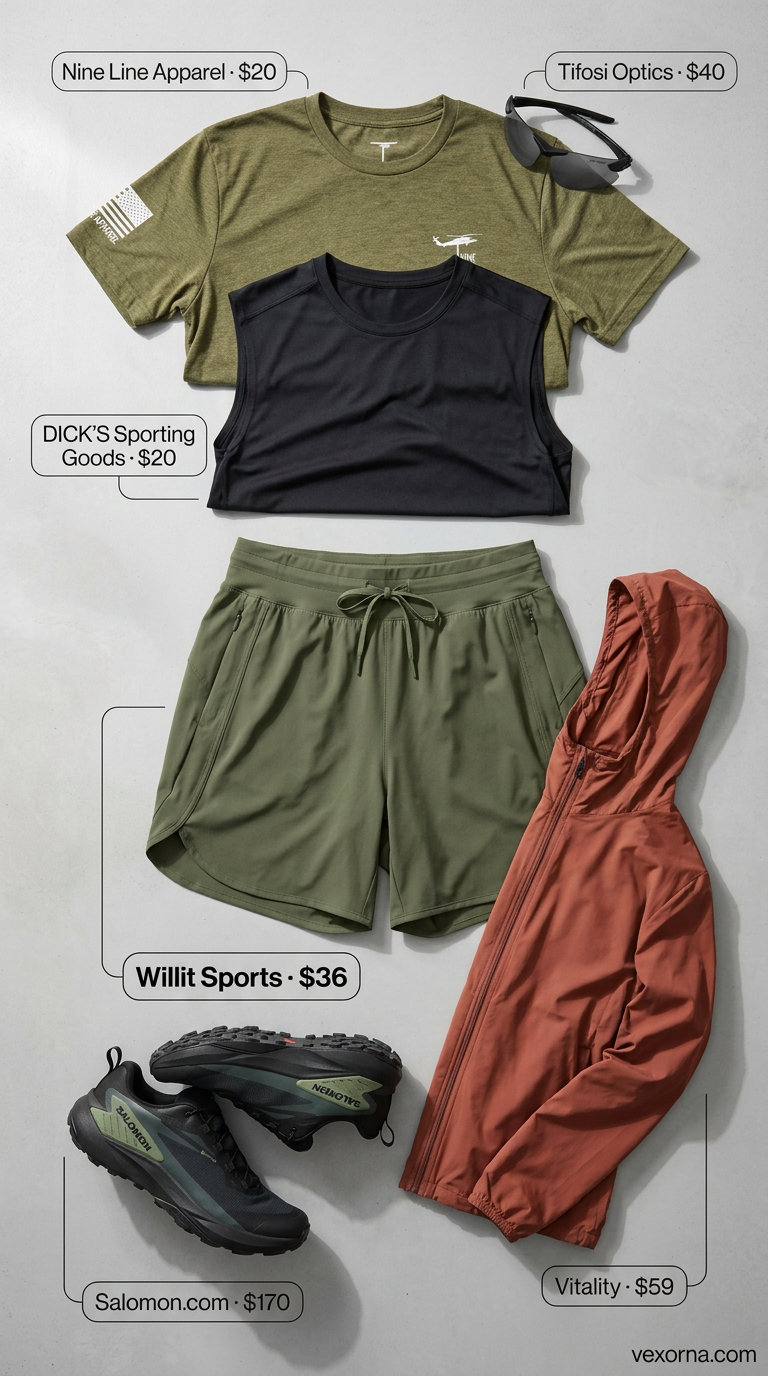 Lightweight Summer Activewear 2026: Trail Running Gear Lightweight summer activewear for women 2026: Olive running shorts, black tank, terracotta windbreaker for trails.