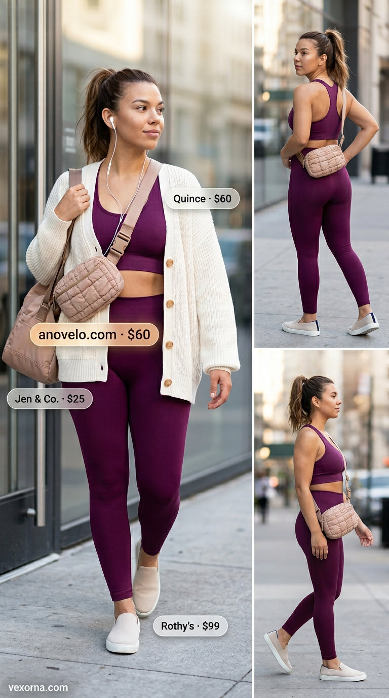 Lightweight Summer Activewear 2026: Wellness Retreat Style Lightweight summer activewear for women 2026: Taupe seamless set with cream cardigan and sneakers for wellness.