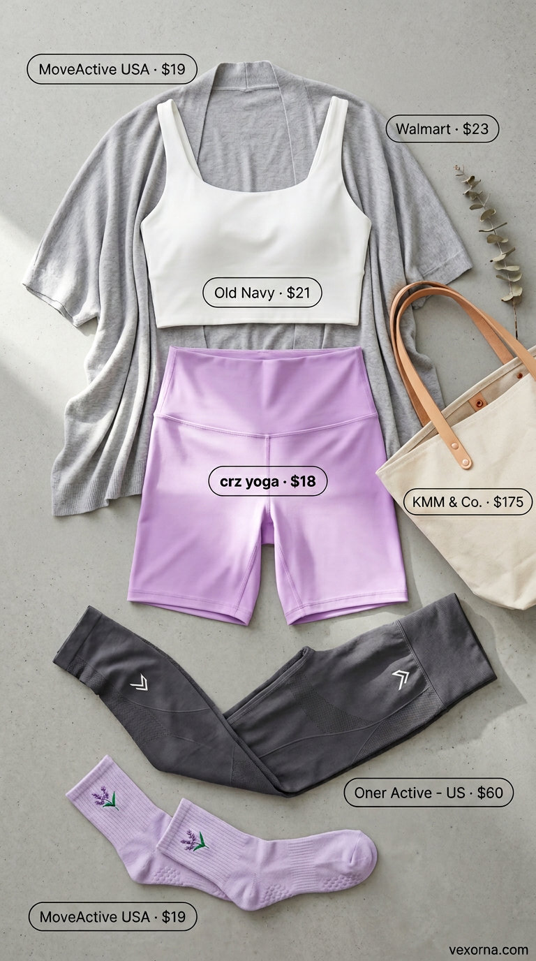 Lightweight Summer Activewear 2026: Yoga Studio Style Lightweight summer activewear for women 2026: Lavender biker shorts, cream bralette, and light grey cardigan for yoga.