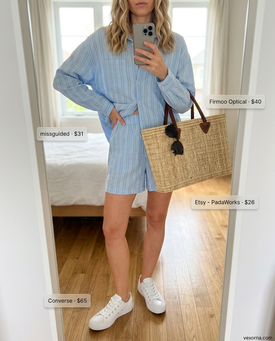 Loose fit hot summer outfits for women 2026: Light blue stripe linen set with white sneakers and straw tote for casual day.