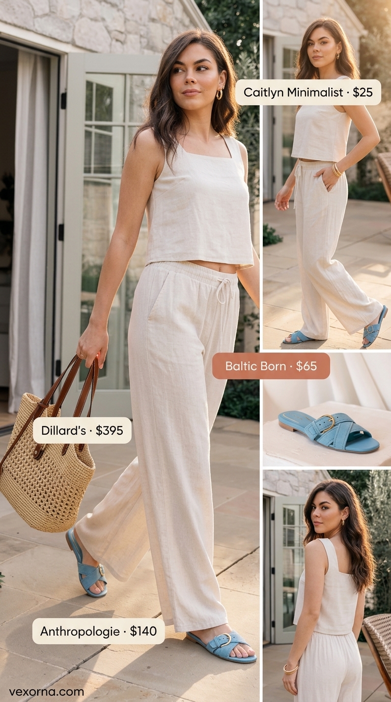 Loose fit hot summer outfits for women 2026: Cream linen set with light blue sandals and straw tote for beach day.