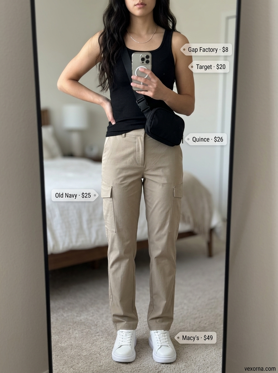 Loose fit hot summer outfits for women 2026: Khaki cargo pants, black tank, and platform sneakers for edgy street style.