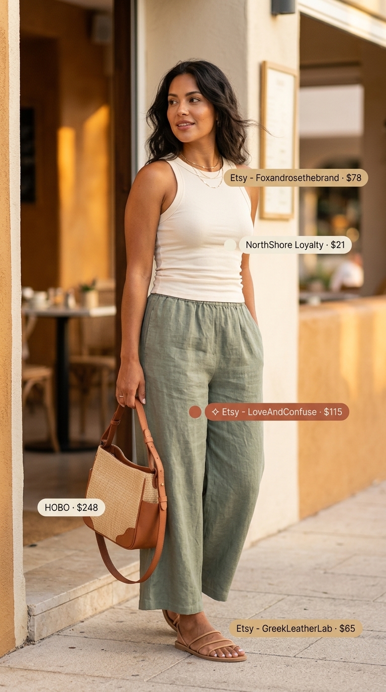 Loose fit hot summer outfits for women 2026: Sage green linen pants, cream tank, and flat sandals for casual evening out.