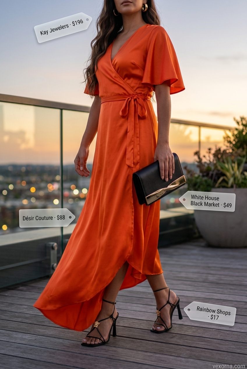 Loose fit hot summer outfits for women 2026: Mango orange satin wrap dress with gold hoops and black sandals for rooftop dinner.