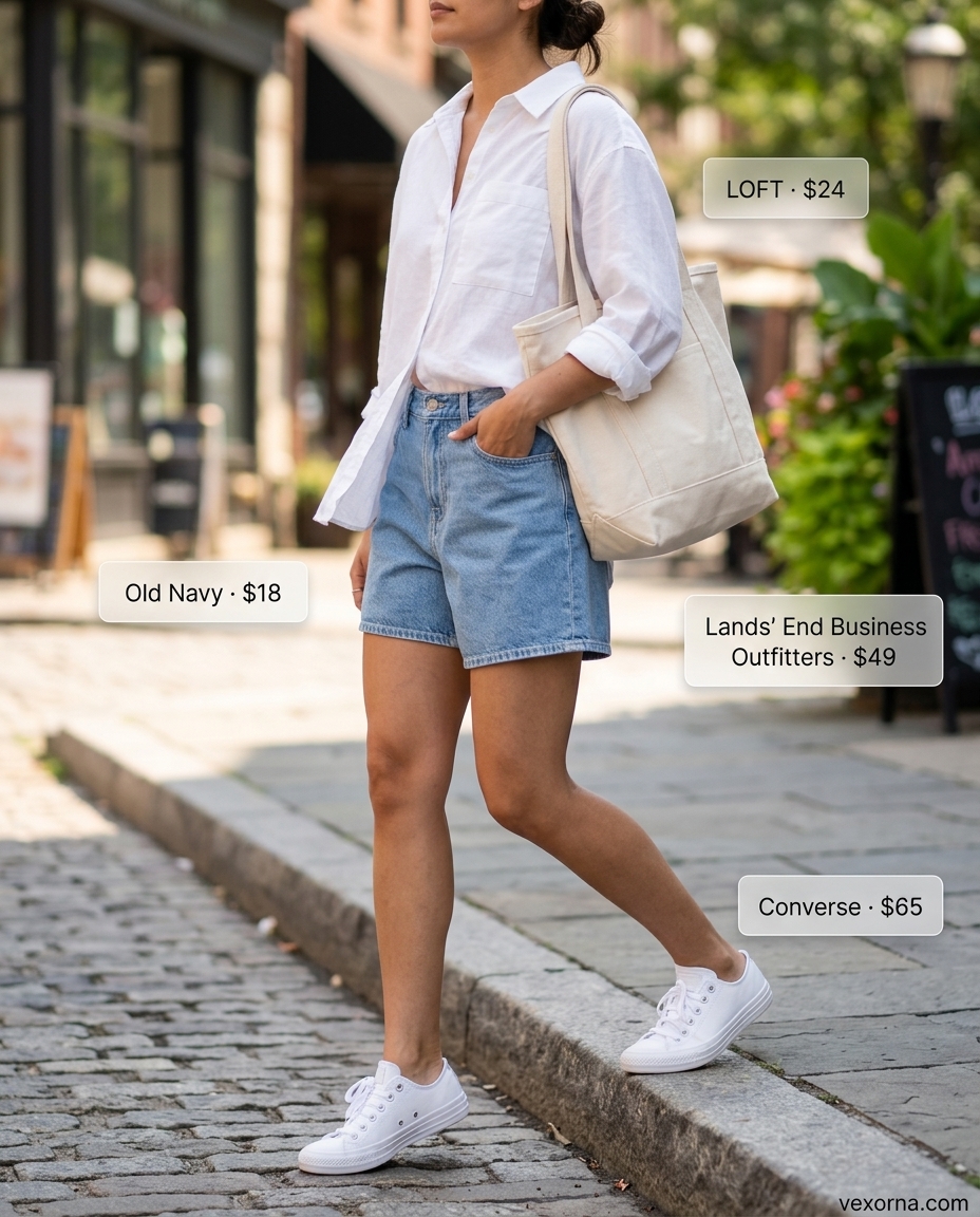 Loose fit hot summer outfits for women 2026: Denim shorts, linen shirt, white sneakers, and canvas tote for weekend casual.