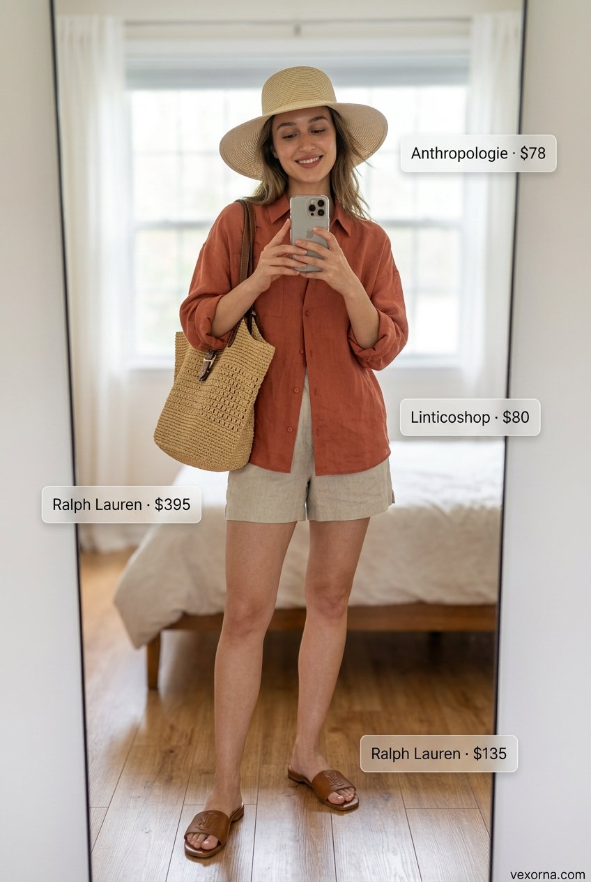 Loose fit hot summer outfits for women 2026: Terracotta linen shorts set with straw tote and tan sandals for travel.