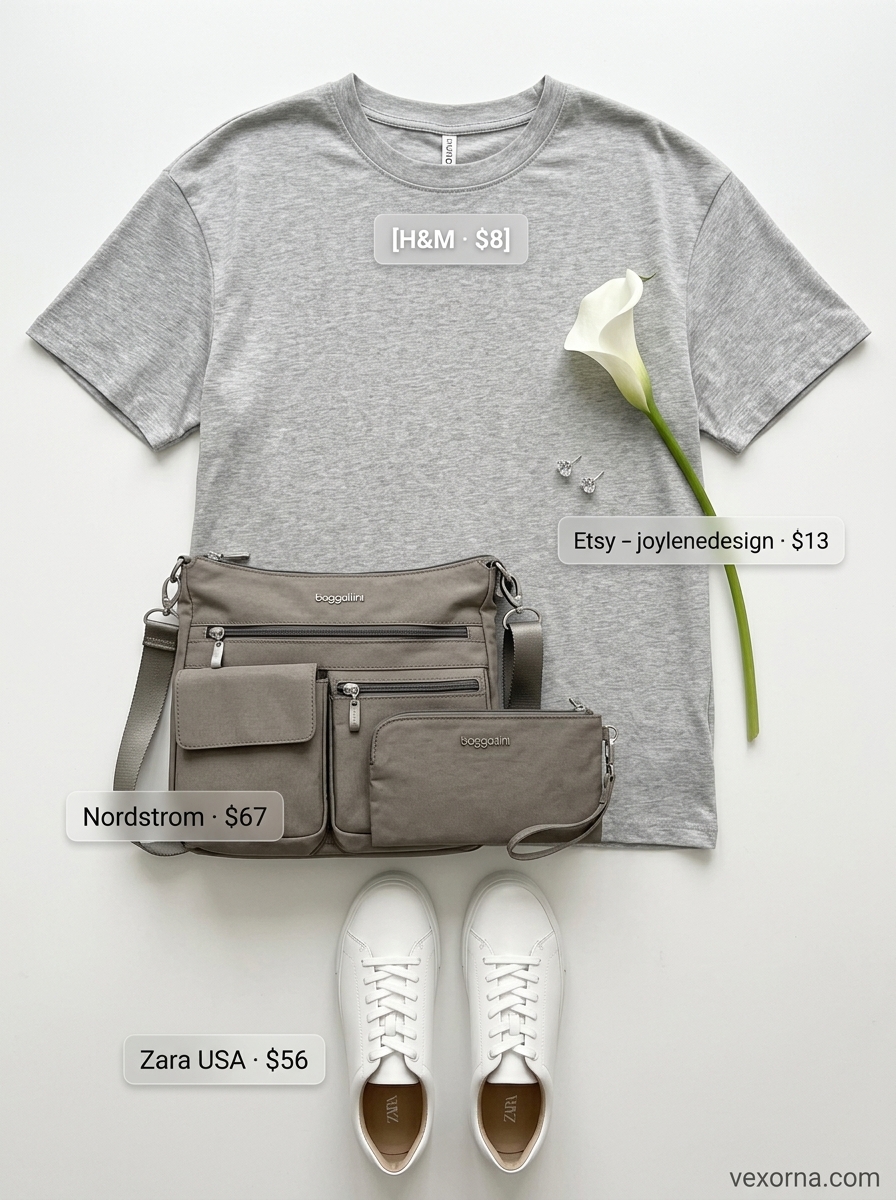 Loose fit hot summer outfits for women 2026: Light grey knit set with white sneakers and crossbody bag for travel.