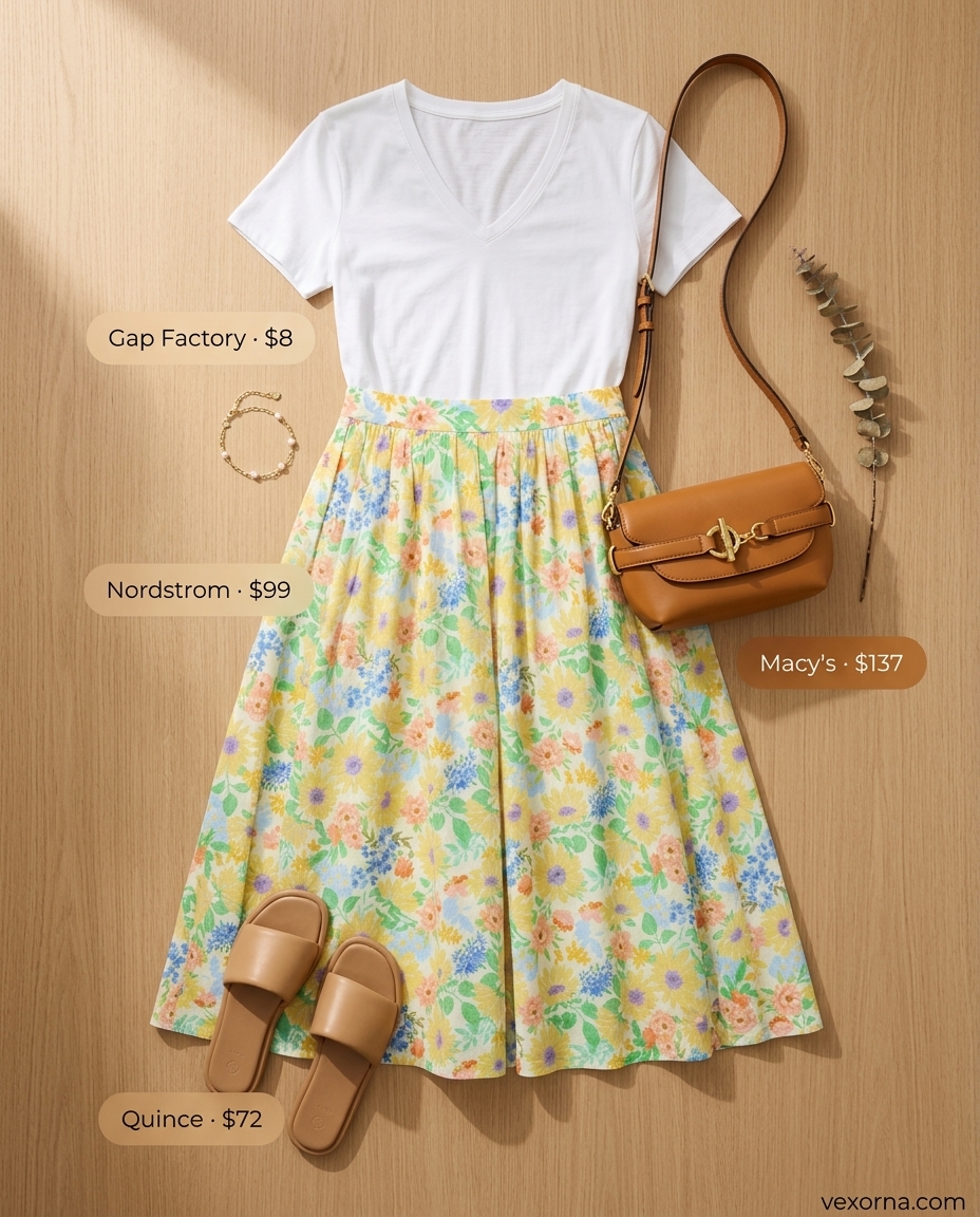 Loose fit hot summer outfits for women 2026: Floral midi skirt, white tee, and tan sandals for a garden party.