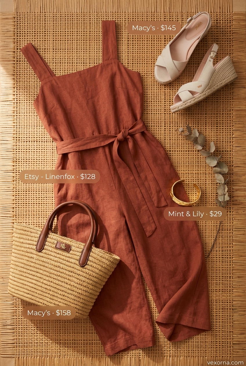 Loose fit hot summer outfits for women 2026: Terracotta linen jumpsuit and espadrilles for a daytime event.