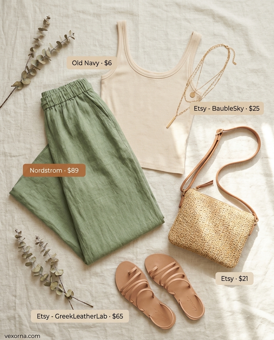 Loose fit hot summer outfits for women 2026: Sage green linen pants and cream tank for a chic evening out.