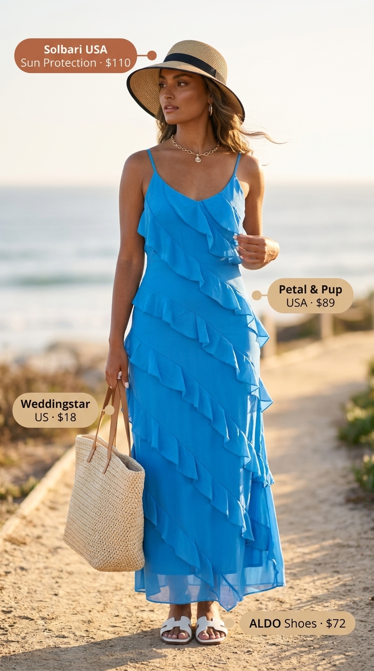 Loose fit hot summer outfits for women 2026: Ocean blue maxi dress, straw hat, and sandals for a beach day.