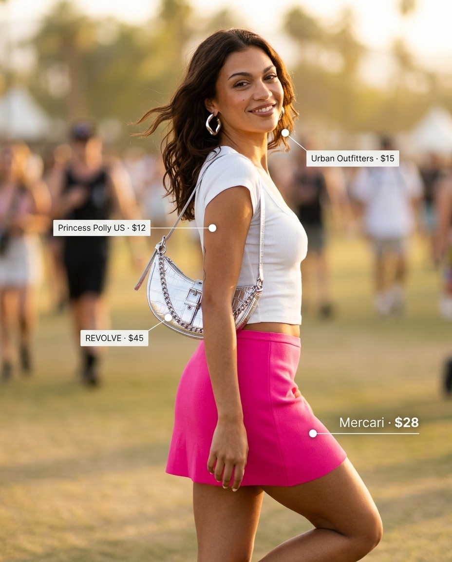 Loose fit hot summer outfits for women 2026: Hot pink mini skirt, white crop top, and silver sandals for a festival.