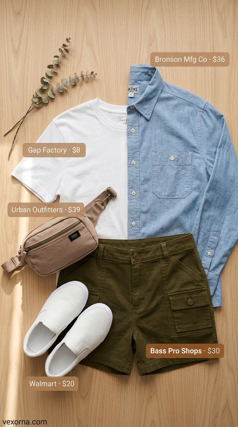 Loose fit hot summer outfits for women 2026: Olive green cargo shorts, white tee, and chambray shirt for a picnic.