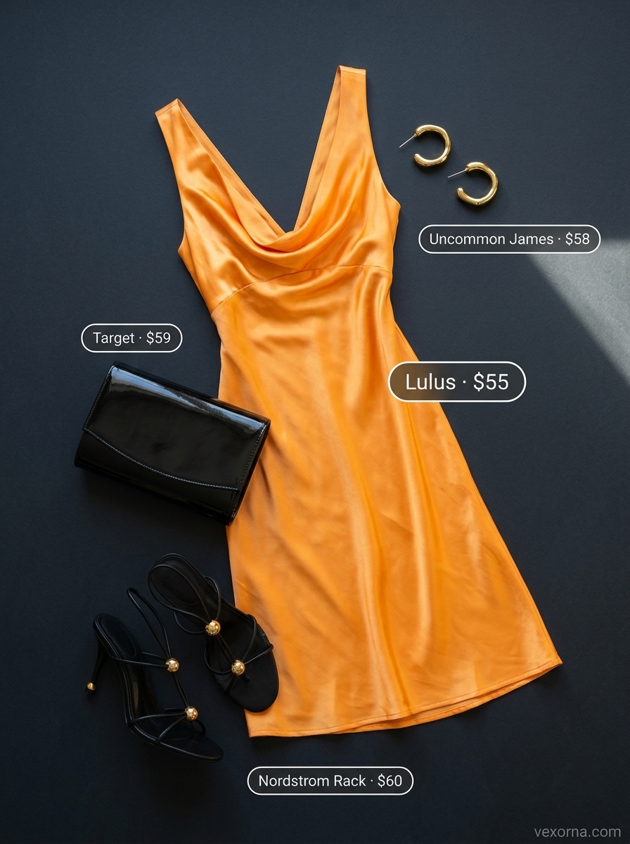 Loose fit hot summer outfits for women 2026: Mango orange slip dress, black heels, and clutch for date night.