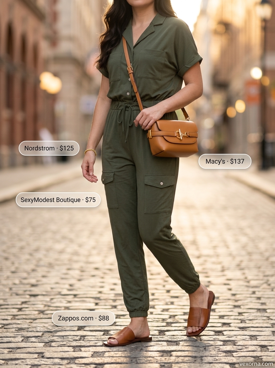 Loose fit hot summer outfits for women 2026: Olive green utility jumpsuit, tan sandals, and crossbody bag for brunch.