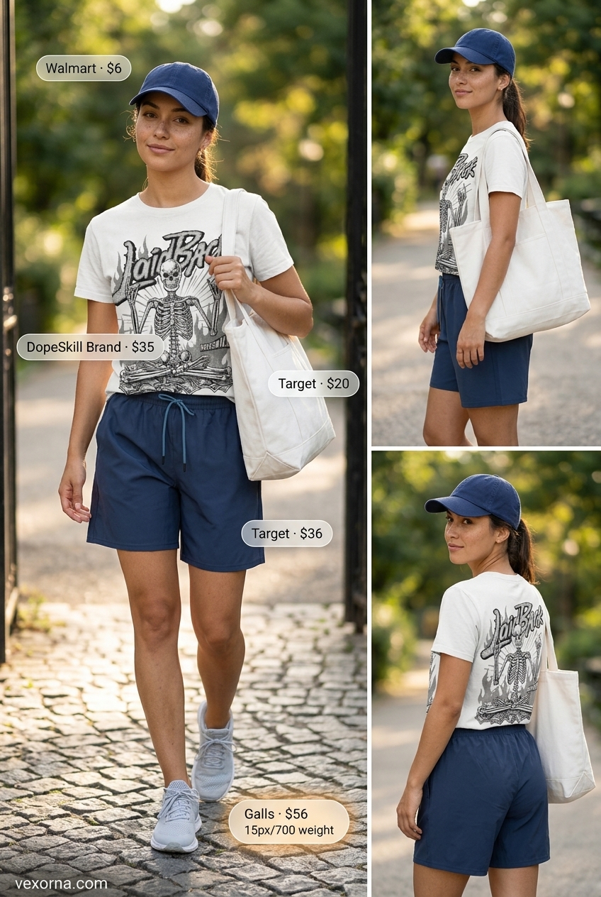 Loose fit hot summer outfits for women 2026: Navy athletic shorts, oversized graphic tee, baseball cap, and sneakers for casual errands.