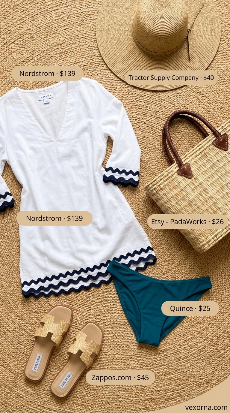 Loose fit hot summer outfits for women 2026: White sheer tunic cover-up, teal bikini, straw hat, and slide sandals for beachwear.