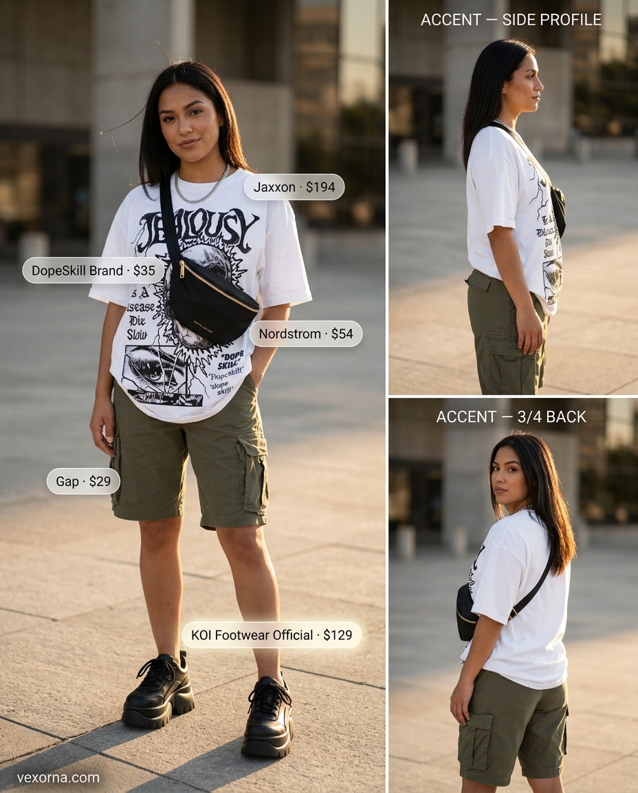 Loose fit hot summer outfits for women 2026: Olive green cargo shorts, oversized graphic tee, chunky sneakers, and utility belt bag for streetwear.