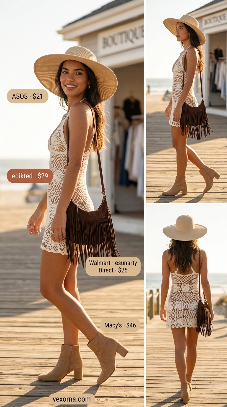 Loose fit hot summer outfits for women 2026: Ecru crochet mini dress, suede ankle boots, crossbody bag, and straw hat for a boho festival vibe.