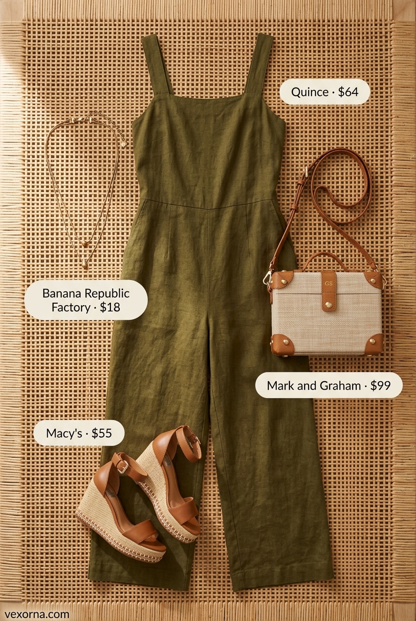 Loose fit hot summer outfits for women 2026: Olive green wide-leg jumpsuit, espadrille wedges, layered necklaces, and woven crossbody for travel.